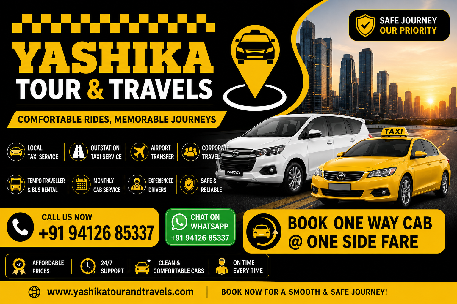 Yashika Taxi Service One Way & Roundtrip Cab fare & Contact Number
